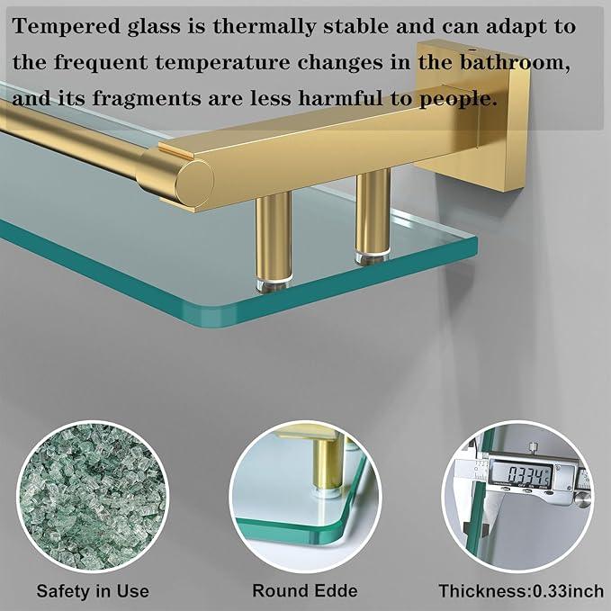 Glass Shelf for Bathroom, 20 Inch Tempered Glass with Brushed Gold Stainless Steel Railing, Floating Glass Shelves Sink Over Toilet Modern Bathroom - ModernBath