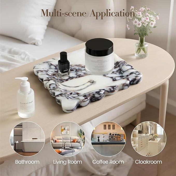 SAMAH Calacatta Viola Natural Marble Tray, Scalloped Storage Dish, Luxury Decorative Trays for Bathroom, Vanity, Dresser, Kitchen & Home Decor, House Warming Gifts New Home (Square,8 Inch) - ModernBath