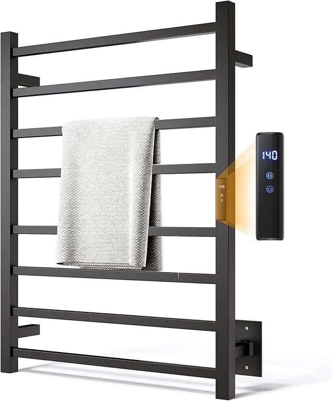 Towel Warmer Rack, Heated Towel Racks for Bathroom, Wall Mounted Towel Warmer, Stainless Steel 8-Bars Drying Rack with Intelligent Touch Screen Timer, Matte Black - ModernBath