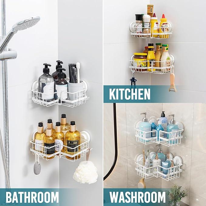 TAILI Corner-adaptive Suction Cup Shower Caddy 2 Pack, Stainless Steel Rustproof Corner Shower Shelves, Drill-Free Wall Mounted Baskets, Large Capacity Removable Suction Cup Bathroom Organizer, White - ModernBath