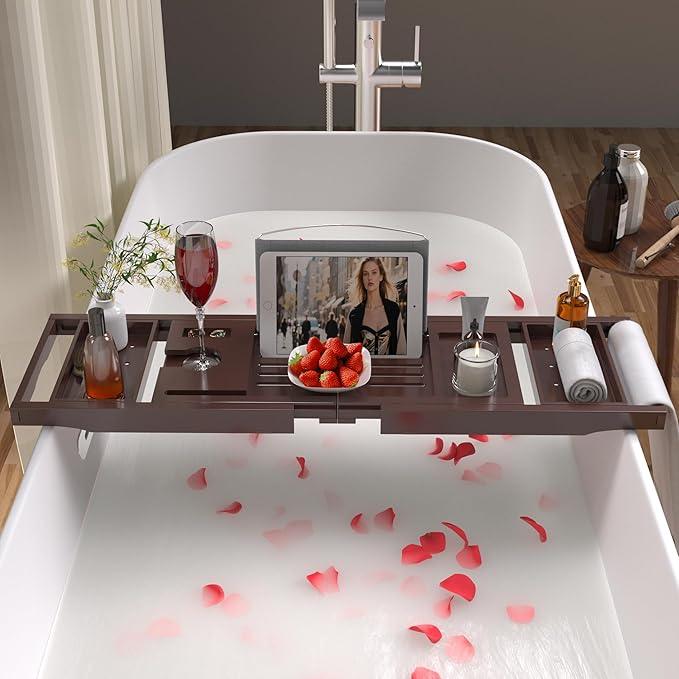 Bathtub Caddy Tray for Tub,Foldable Bath Table Trays,Bamboo Shelf with Book and Wine Glass Holder,Bathroom Accessories Suitable for Luxury Spa or Reading,Brown - ModernBath