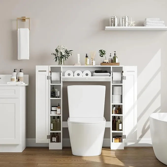 Over The Toilet Storage Cabinet, Bathroom Space Saver with Paper Holder and Adjustable Shelves, Freestanding Toilet Cabinet Organizer with 2 Side Doors and Pull-Down Door, White - ModernBath