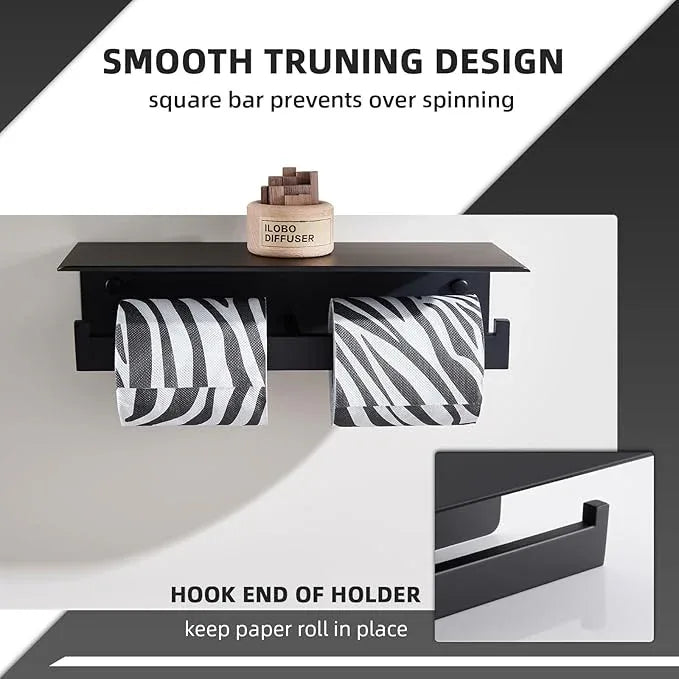 Angle Simple Matte Black Toilet Paper Holder with Shelf, 304 Stainless Steel Double Toilet Tissue Roll Holder for Wall - ModernBath