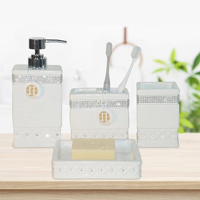 CAAHANJIA Bathroom Accessories Set 4 Pcs-Ceramic Gift Set Soap Dispenser Pump & Toothbrush Holder & Tumbler Cup & Soap Dish - Bathroom Home Decor Clearance, Countertop Vanity Organize (15 Ounce) - ModernBath