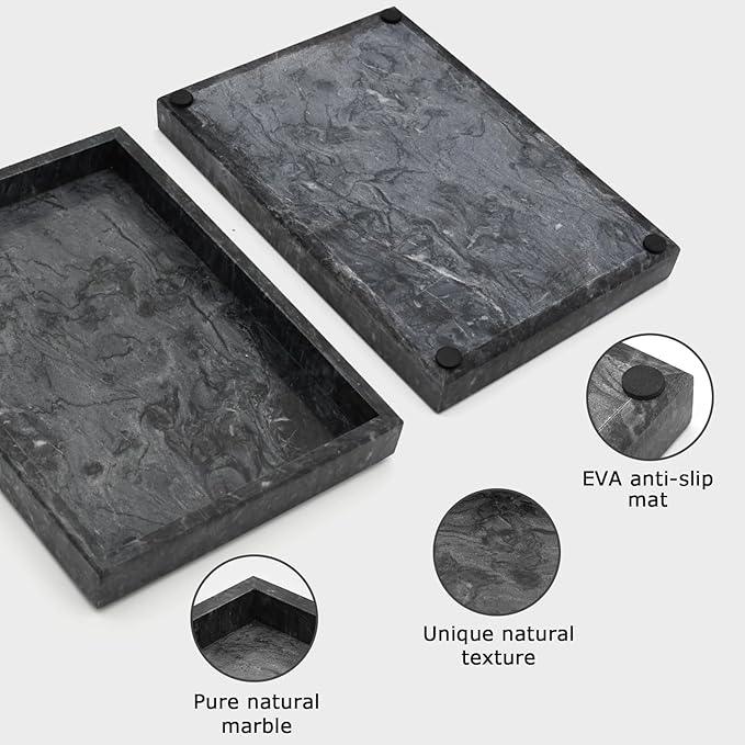 MULWR Marble Bathroom Tray,Pure Natural Vanity Tray,Marble Trays for Kitchen Counter Non-Ceramic/Non-Resin,Stone Tray 12 x 8 inch (Black) ﻿ - ModernBath