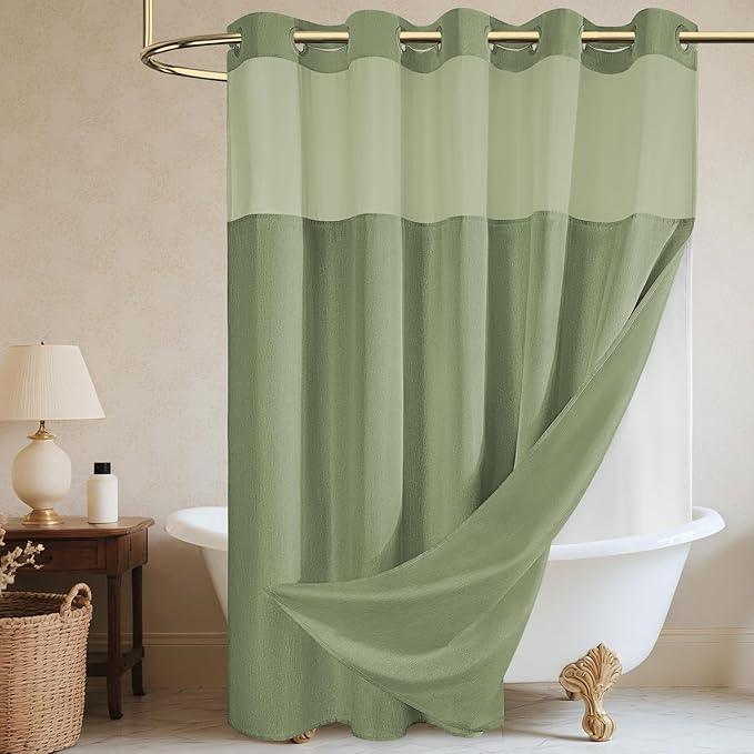 WONICY Extra Long No Hook Shower Curtain with Snap in Liner, Polyester Textured Shower Curtain with Liner Set, Waterproof Washable Hotel Style Shower Curtains for Bathroom, 71Wx86H, Sage Green - ModernBath