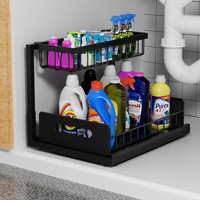 2-Tier Under Sink Slide Out Organizer, Pull Out Cabinet Storage Shelf with Sliding Wire Basket Drawer for Bathroom Kitchen, Countertop or Pantry Shelf, Black - ModernBath