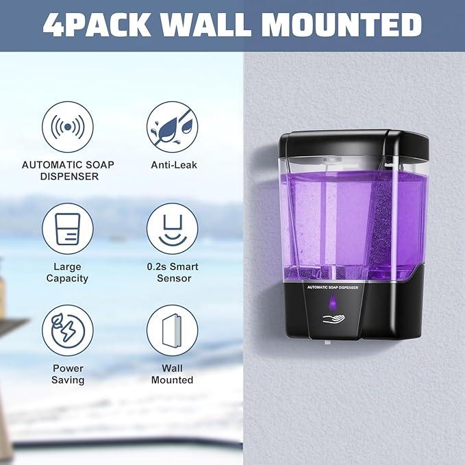 4 Pack Automatic Soap Dispenser Wall Mount,Touchless Liquid Soap Dispenser,Battery Operated,600 ml / 20 oz Commercial Hand Detergent Dispenser for Office Home Kitchen School Bathroom Hotel Restaurant - ModernBath