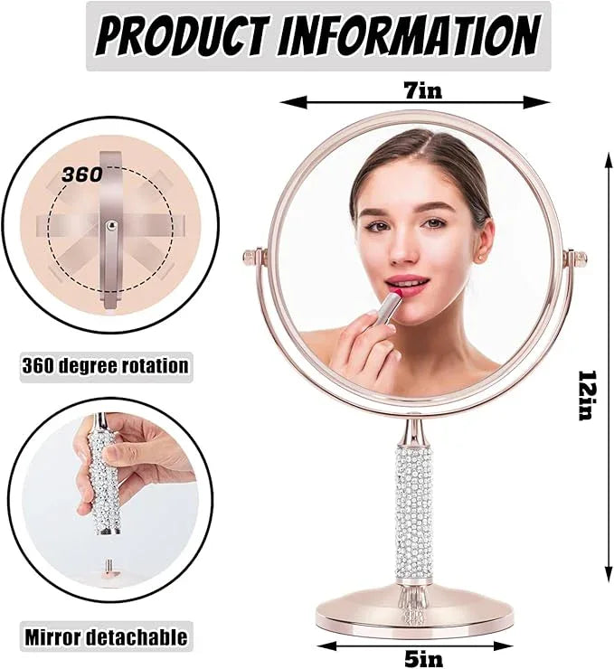 7"Rose Gold Glitter Diamond Rhinestone Makeup Mirror,360°Rotate Round Tabletop Vanity Mirror Double Sided 1X/10X HD Undistorted Magnifying Mirror,Portable Vanity Women Gift (No Lamp Rose Gold) - ModernBath