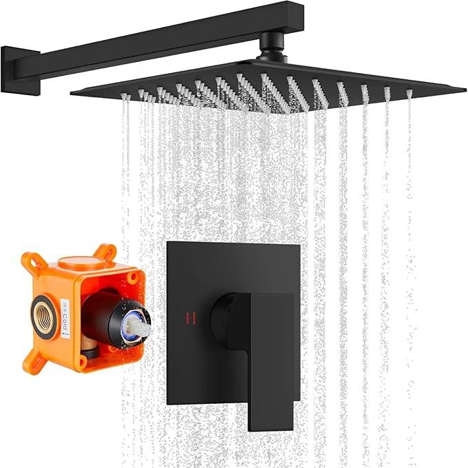 gotonovo Rainfall Shower Faucet Set System Shower Trim Kit with 10 Inch Rain Shower Head Bathroom Mixer Shower Complete Combo Single Handle Wall Mounted Female Thread Rough-in Valve Matte Black - ModernBath
