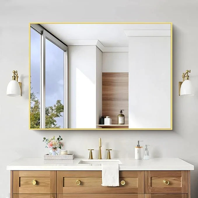 COFENY 36x55inch Bathroom Mirror, Gold Rectangle Mirror with Thin Metal Frame, Large Rectangular Wall Mirror for Bathroom, Living Room, Hair Salon, Big Farmhouse Mirror Hang Horizontal/Vertical - ModernBath
