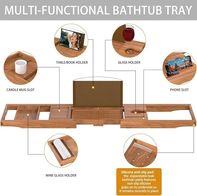 Premium Teak Bathtub Tray Caddy, Expandable Wooden Bath Tray for Tub,Luxury Bathroom Accessories,Great House Warming, Anniversary & Wedding and Birthday Gifts - ModernBath