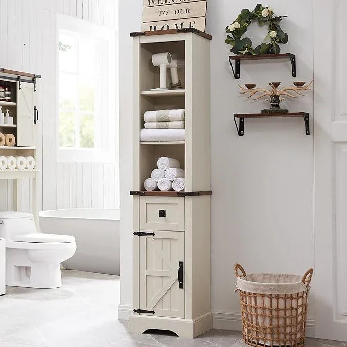 RedLemon Farmhouse Slim Bathroom Storage Cabinet, 68" Tall with Drawer & Adjustable Shelves, Rustic Narrow Storage Cabinet for Living Room, Bathroom, Kitchen, Antique White - ModernBath