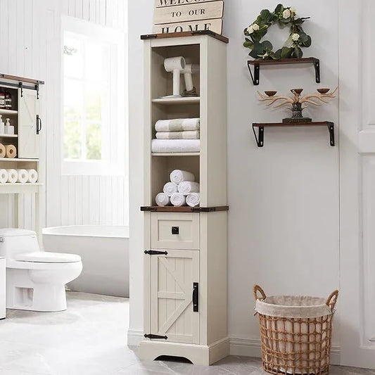 RedLemon Farmhouse Slim Bathroom Storage Cabinet, 68" Tall with Drawer & Adjustable Shelves, Rustic Narrow Storage Cabinet for Living Room, Bathroom, Kitchen, Antique White - ModernBath