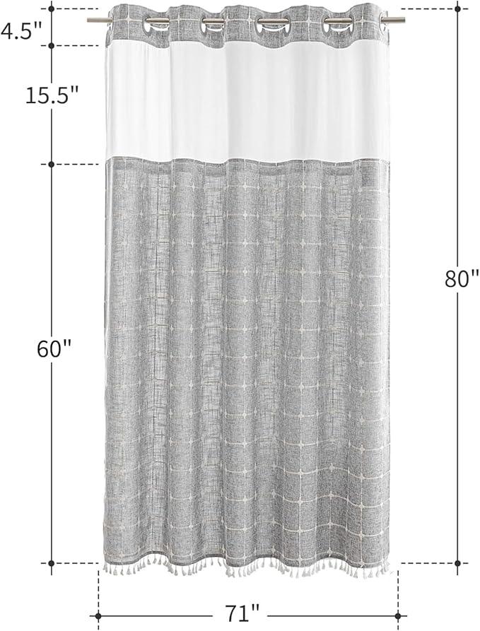 Farmhouse Shower Curtain with Snap-in Liner, No Hooks Needed Fabric Shower Curtains with Tassels for Rustic Bathroom Decor, with Window,with Magnets,Water Repellent&Machine Washable,Grey,71x80Inch - ModernBath
