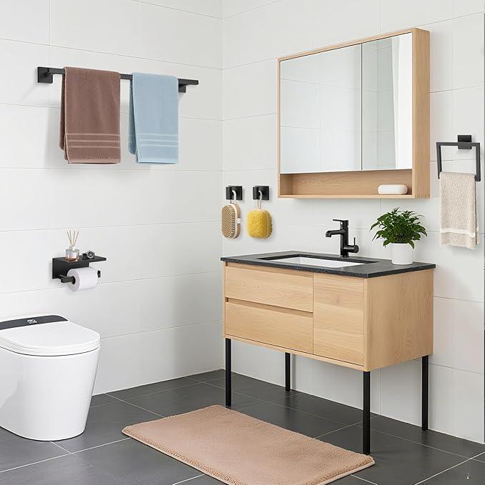 TURS 5-Pieces Matte Black Bathroom Hardware Accessories Set 23.6" Towel Bar Set Wall Mounted Square Toilet Paper Holder with Shelf Stainless Steel - ModernBath