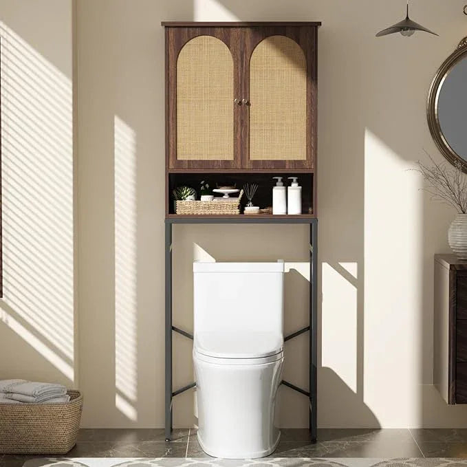 Rattan Toilet Storage Cabinet, Over The Rack Wood Cabinet with Metal Stand, Bathroom Organizer with Adjustable Shelf, Space Saving Cupboard for Small Bathrooms, Washer Shelf, Dark Brown - ModernBath