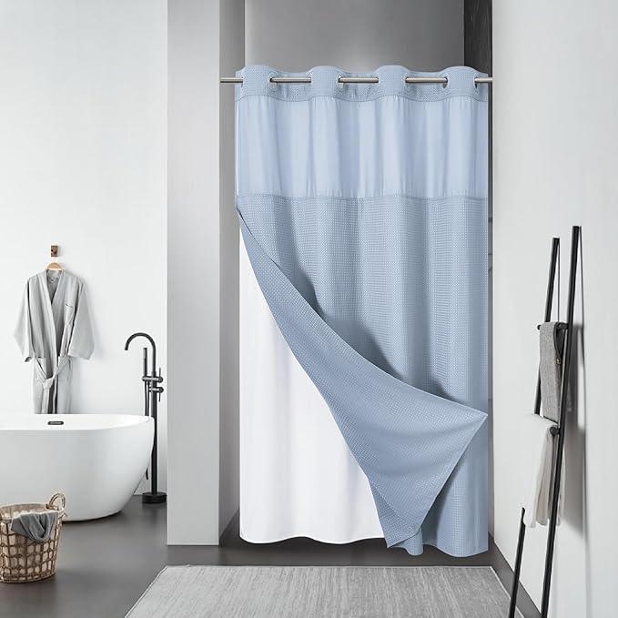 eachope ForstBlue No Hook Waffle Weave Shower Curtain with snap-in Liner Replacement, 230GSM Waterproof Fabric Hotel Shower Curtain Set for Bathroom, Through Mesh Top Window,54Wx80H - ModernBath