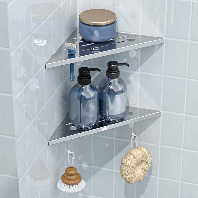 DAYONE 2 Pack Corner Shower Shelves 10", Chrome 304 Stainless Steel Recessed Bathroom Shelf with Razor Holding Hole and 2 Hools, for Tiled Wall No Drilling Needed - ModernBath