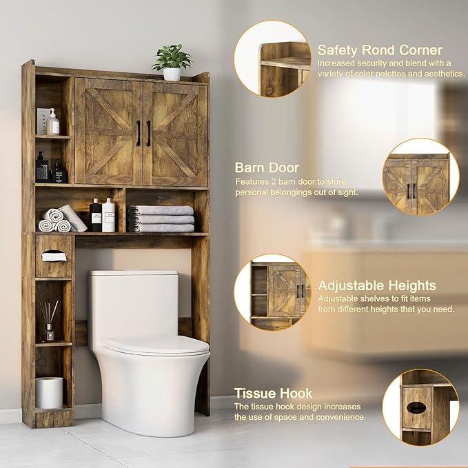 Vabches Over The Toilet Storage Cabinet, Farmhouse Storage Cabinet Over Toilet with 2 Barn Doors & Toilet Paper Holder Stand，Home Space-Saving Toilet Rack, for Bathroom, Restroom, Laundry. - ModernBath