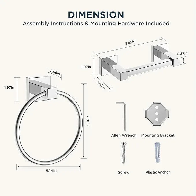FORIOUS Toilet Paper Holder Wall Mount and Hand Towel Ring Set, SUS 304 Stainless Steel Double Post Pivoting Tissue Roll Holder, Modern Bathroom Hardware Accessories Set, Chrome - ModernBath