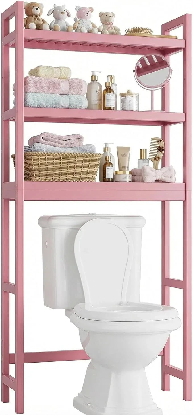 SMIBUY Bathroom Storage Shelf, Bamboo Over-The-Toilet Organizer Rack, Freestanding Toilet Space Saver with 3-Tier Adjustable Shelves (Pink) - ModernBath