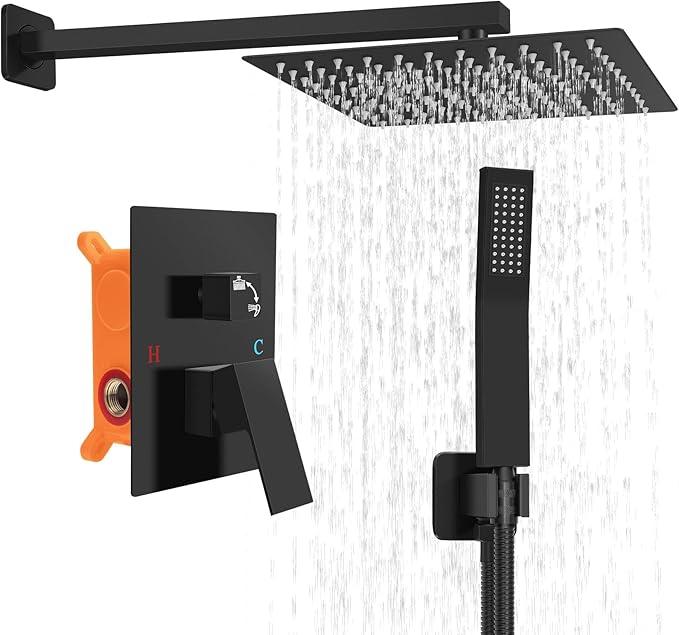 TENIGXT Bathroom Shower Faucet Set，10 Inch Rain Shower Head with Handheld Spray，Brass Shower Valve Trim Kit，Wall Mounted Square Rain Shower System (Matte black) - ModernBath