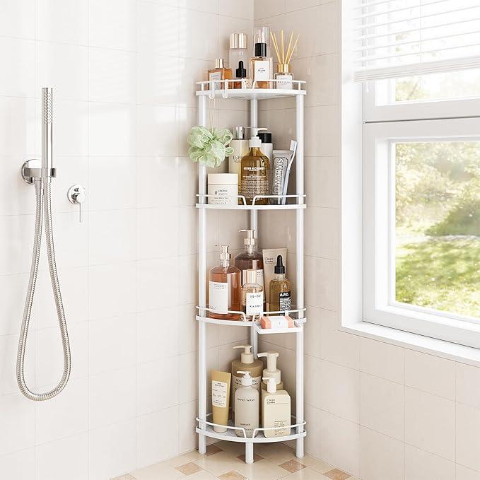 ELYKEN Corner Shower Caddy Standing, 4 Tier Rustproof Metal Shower Organizer with Soap Holder, Floor Shower Corner Shelf Rack Storage Stands with Adjustable Feet & 2 Hooks for Bathroom, White - ModernBath