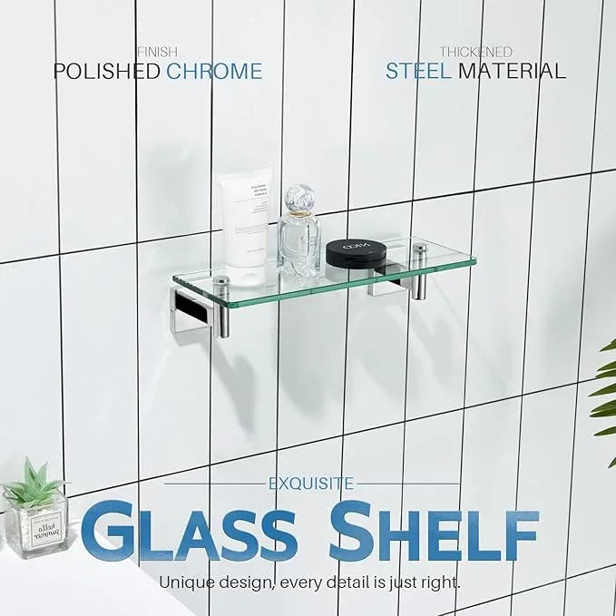 KOKOSIRI Bathroom Shelves Wall Mounted Floating Glass Shelf Polished Stainless Steel 12-Inch Hanging Rack for Storage/Room Decor 2 Pack B1105CH-L12-P2 - ModernBath