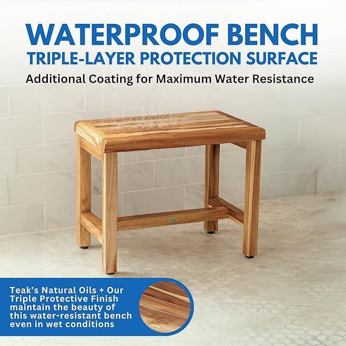 EcoDecors Eleganto 24 Inch Natural Color Waterproof Teak Wood Shower Bench Stool Seat Chair For Inside Shower Provides Safety, Storage, and Organization For Bathroom Accessories - ModernBath
