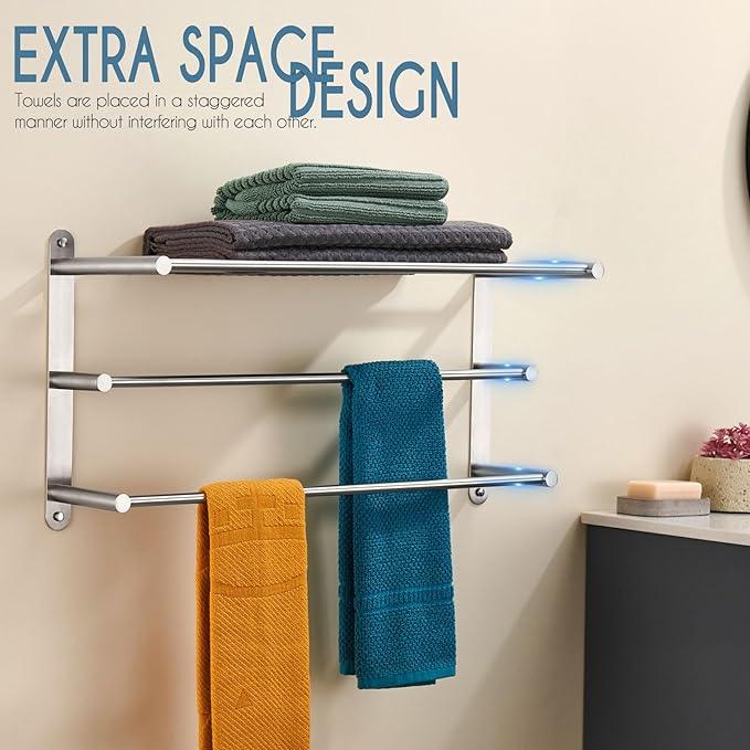 KOKOSIRI 3 Tier Bath Towel Bar 24 Inch Wall Mounting Rack with Towel Bars Towel Shelf with Single Towel Bar Bathroom Ladder, Brushed Steel, B5003BR - ModernBath