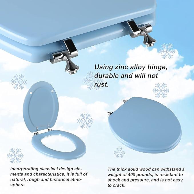 Blue Elongated Toilet Seat Natural Wood Toilet Seat with Zinc Alloy Hinges, Easy to Install also Easy to Clean, Scratch Resistant Toilet Seat by Angol Shiold (Elongated, Blue) - ModernBath