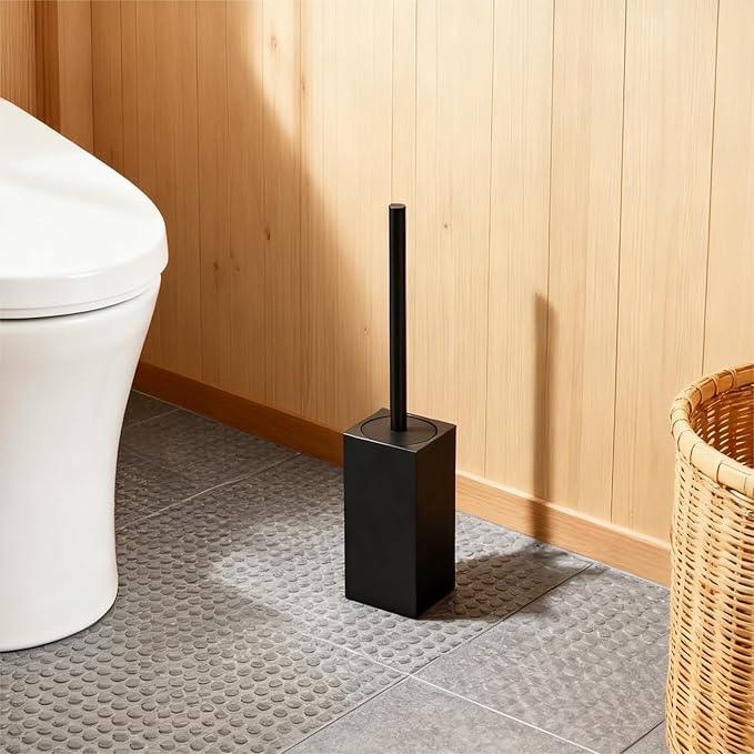 Toilet Brush and Holder Set, NEWRAIN Stainless Steel Toilet Brush with Long Brush Handle, Matte Black Toilet Scrubber and Covered Holder, Square Design Sturdy and Space Saving - ModernBath