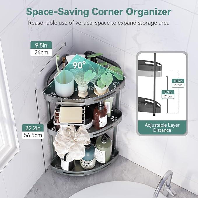 Corner Shower Caddy Standing, 3 Tier Shower Organizer Stand with Soap Holder, Rustproof Shower Shelves for Bathroom Storage, Grey - ModernBath