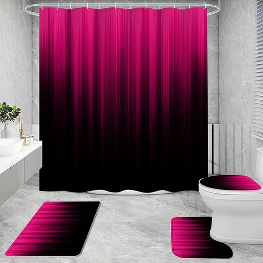 Litabel 4 Pcs Hot Pink and Black Gradient Shower Curtain Set with Rugs and Toilet Lid Cover, Modern Simple Waterproof Fabric Bathroom Set, Ombre Stripe Gothic Abstract Bathroom Decor Set Accessories - ModernBath