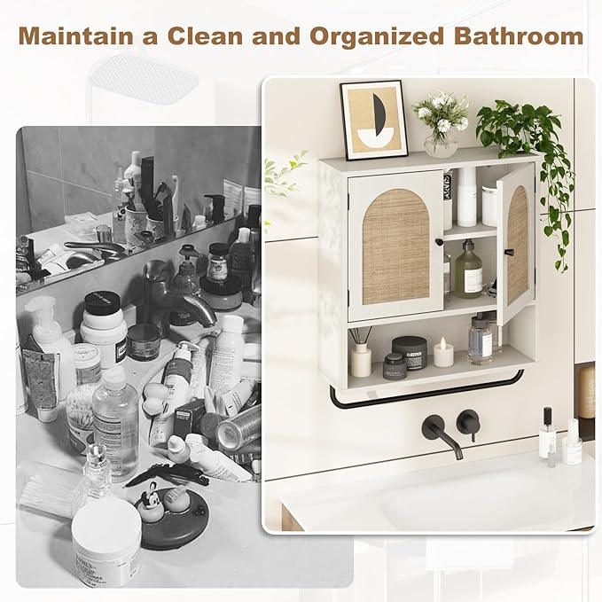 RUSTOWN Rattan Bathroom Wall Cabinet, Boho Medicine Cabinet with 2 Arched Doors, Farmhouse Over The Toilet Storage Cabinets with Adjustable Shelves & Towel Bar, 3-Tier Wall Mounted Cabinets - ModernBath