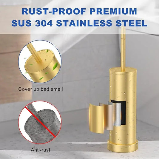 Toilet Brush and Holder Set: 304 Stainless Steel Brushed Gold Toilet Bowl Brush and Holder with Removable Inner Bowl and Splash Protection, Heavy Duty Long Handle Bathroom Cleaning Tool - ModernBath