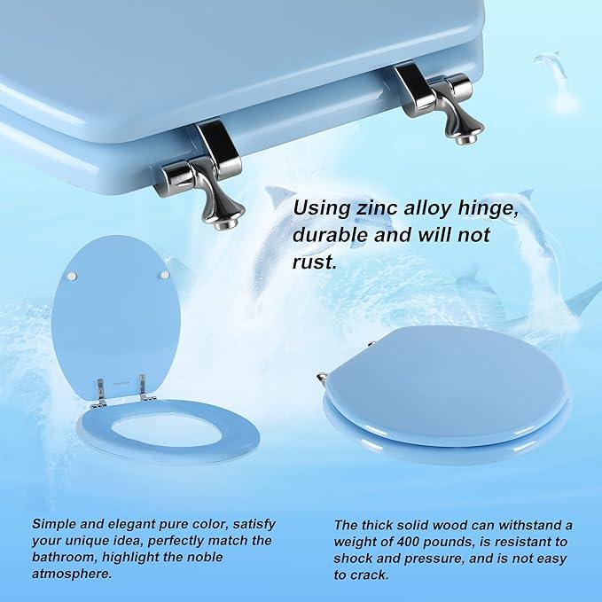Blue Round Toilet Seat Natural Wood Toilet Seat with Zinc Alloy Hinges, Easy to Install also Easy to Clean, Scratch Resistant Toilet Seat by Angol Shiold (Round, Blue) - ModernBath
