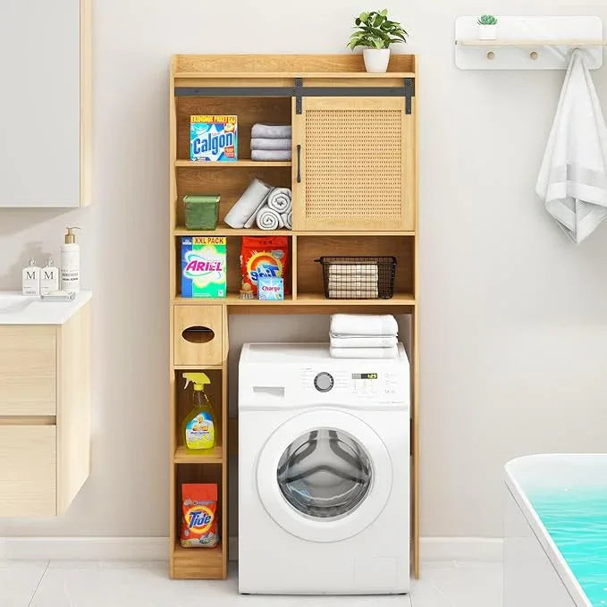 Over The Toilet Storage Cabinet, Farmhouse Rattan Storage Cabinet Over Toilet with Sliding Doors & Toilet Paper Holder Stand, Home Space-Saving Toilet Rack, for Bathroom, Laundry(Rattan Oak). - ModernBath