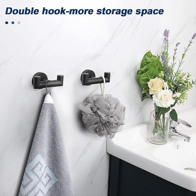 NearMoon Bathroom Double Towel Hook- SUS304 Stainless Steel Robe Towel Holder, Heavy Duty Double Coat Hook for Bathroom Livingroom Kitchen Wall Mounted (Matte Black-U, 5 Pack) - ModernBath