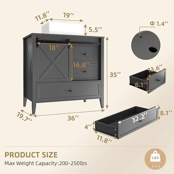 VNN Bathroom Vanity with Sink - 36 Inch Bathroom Vanity with Sink Ceramic, Freestanding Cabinet with Farmhouse Sliding Barn Door and 3 Drawers, Space-Saving Storage Cabinet, Grey - ModernBath