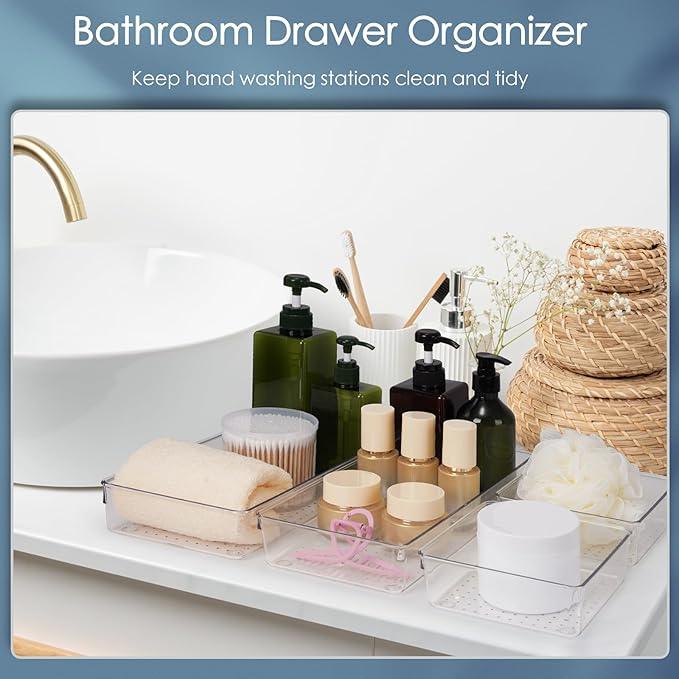 12 Pack Large Clear Plastic Drawer Organizer Set, Acrylic Bathroom Organizer Vanity Trays Dividers, Kitchen Organizers and Storage, Non-Slip Storage Bins for Makeup, Snacks, Office, Desk, Fridge - ModernBath