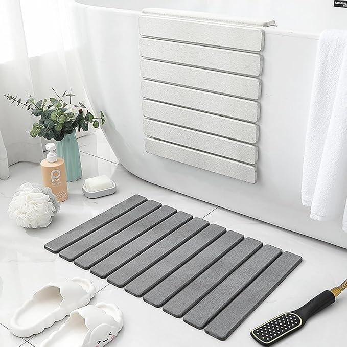 Bath Rug Mat,Diatomaceous Earth Mats,Foldable Stone Bath Rug,23.6 x 15.5 Inch Super Absorbent Quick Drying Diatomaceous Earth Mat for Bathroom,Easy to Store,Easy to Clean,Grey - ModernBath
