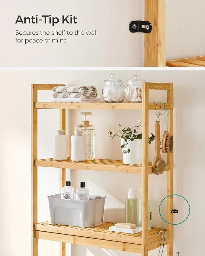 SONGMICS Over The Toilet Storage, 3-Tier Over Toilet Bathroom Organizer with Adjustable Shelf, 10.2 x 24.8 x 66.9 Inches, Space-Saving, Natural Beige UBTS001N01 - ModernBath