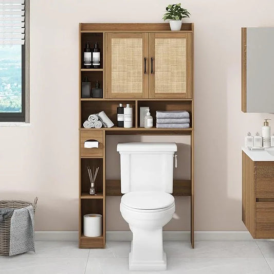 Farmhouse Rattan Storage Cabinet Over Toilet - 2 Door with Toilet Paper Holder - Space-Saving for Bathroom, Oak - ModernBath