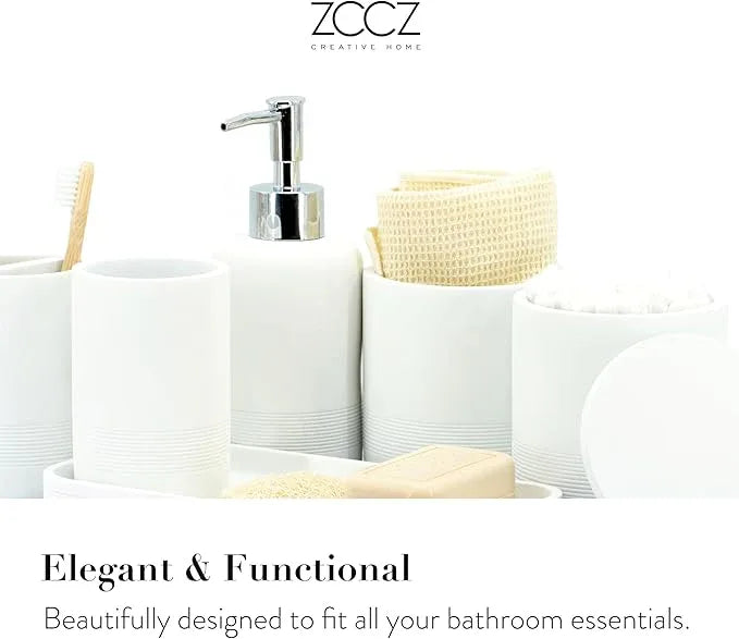 ZCCZ White Bathroom Accessories Set 6 Pieces - Toothbrush Holder, Lotion Dispenser, Qtip Container, Vanity Tray, Tumbler - Countertop Organizer for Bathrooms - Elegant and Functional Décor Set - ModernBath