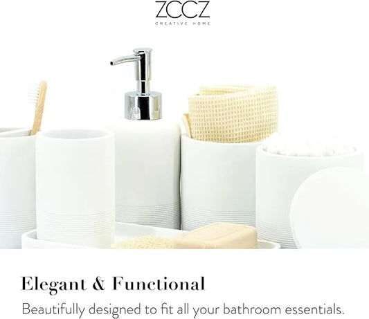 ZCCZ White Bathroom Accessories Set 6 Pieces - Toothbrush Holder, Lotion Dispenser, Qtip Container, Vanity Tray, Tumbler - Countertop Organizer for Bathrooms - Elegant and Functional Décor Set - ModernBath