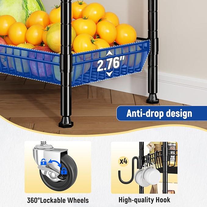 7 Tier Wire Shelving Unit with Wheels 72" H Adjustable Basket Shelf Storage Shelves with Hooks for Kitchen Bathroom Garage Closet Laundry Room Organization 72" H x 24" W x 14" D, Black - ModernBath