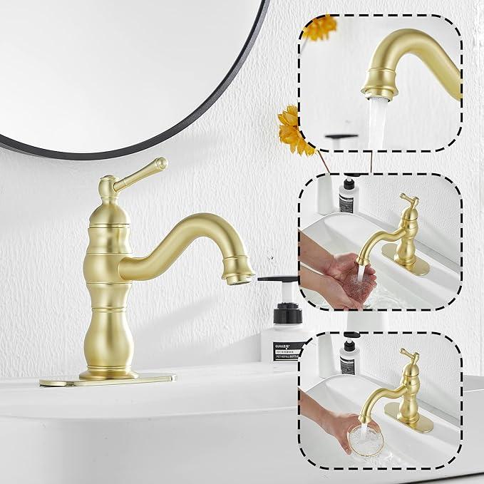 Bathroom Faucet Brushed Gold GGStudy 360° Swivel Bathroom Vanity Faucet Single Handle One Hole Bathroom Sink Faucet Basin Matching Pop Up Drain with Overflow - ModernBath