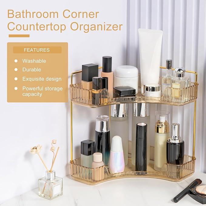 INVSSENE Corner Bathroom Countertop Organizer, Vanity Organizer Trays for Counter, Makeup Organizers, Perfume Tray, Skincare Shelf Storage Gifts for Women Girl Student (Yellow, 2 Tiers) - ModernBath